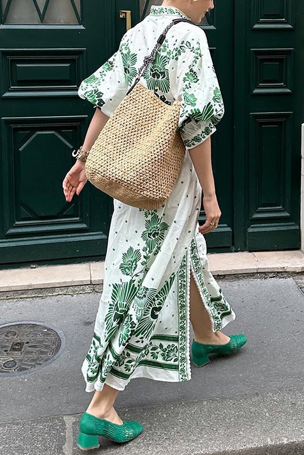 LM | Unique print button down long sleeve shirt maxi dress