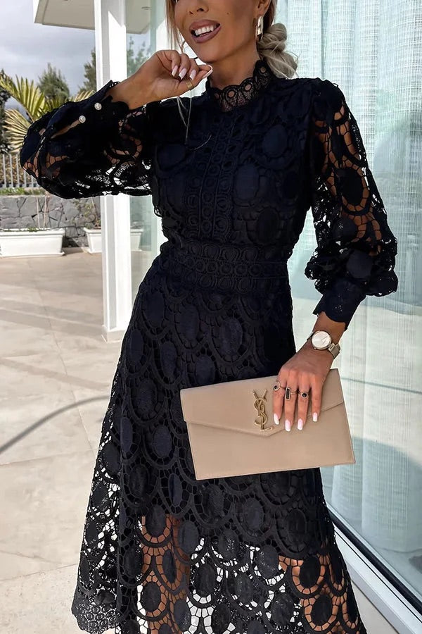 LM | Romantic, Sensual and Elegant Crochet Lace Lantern Sleeve Party Midi Dress