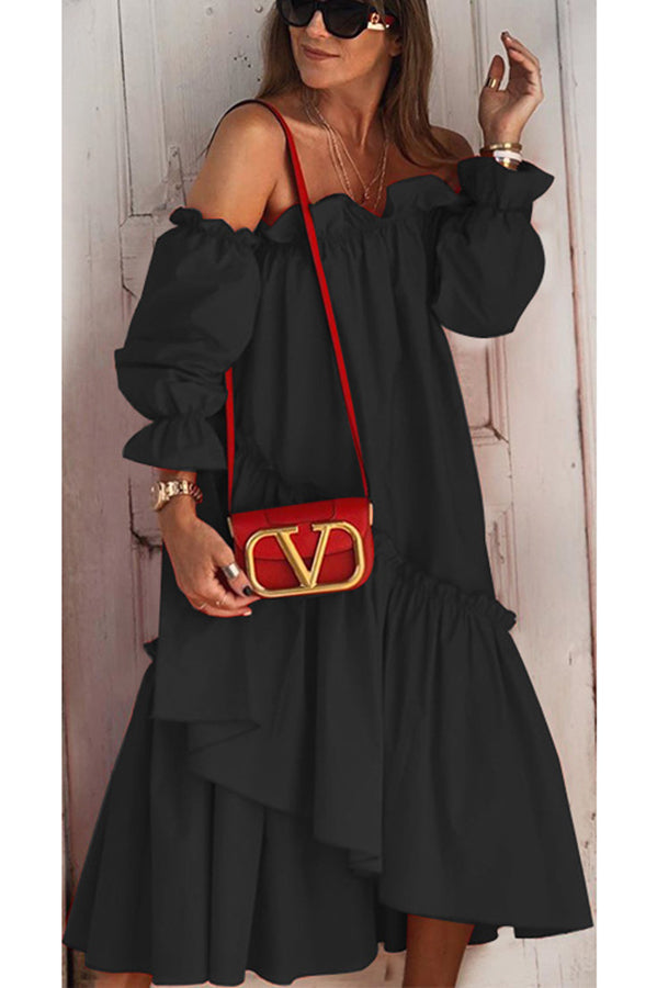 LM | Fionna Off Shoulder Ruffle Irregular Trim Loose Midi Dress