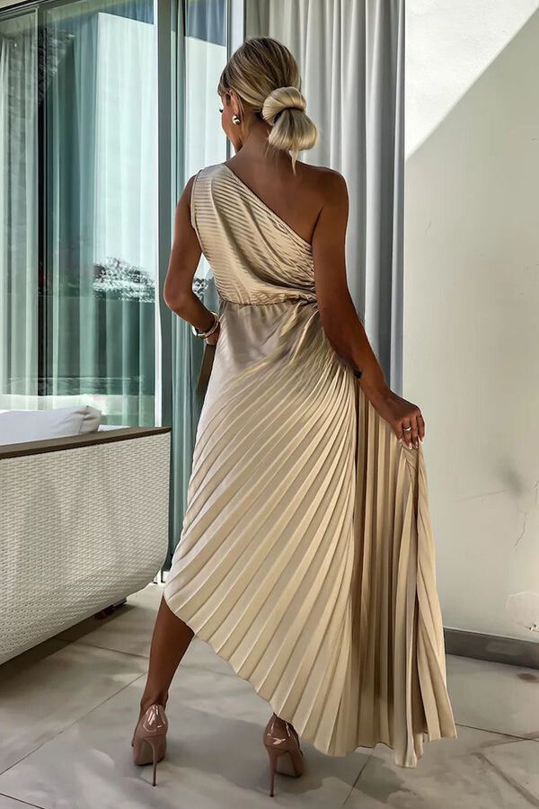 LM | Romantic Nights Satin Raised Flower Elastic Neckline One Shoulder Pleated Maxi Dress