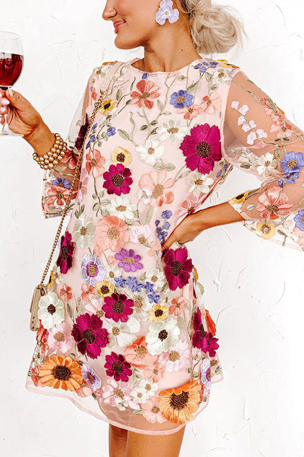 LM | Dahlia Dreaming Embroidered Floral Appliqué Half Sleeve Mini Dress