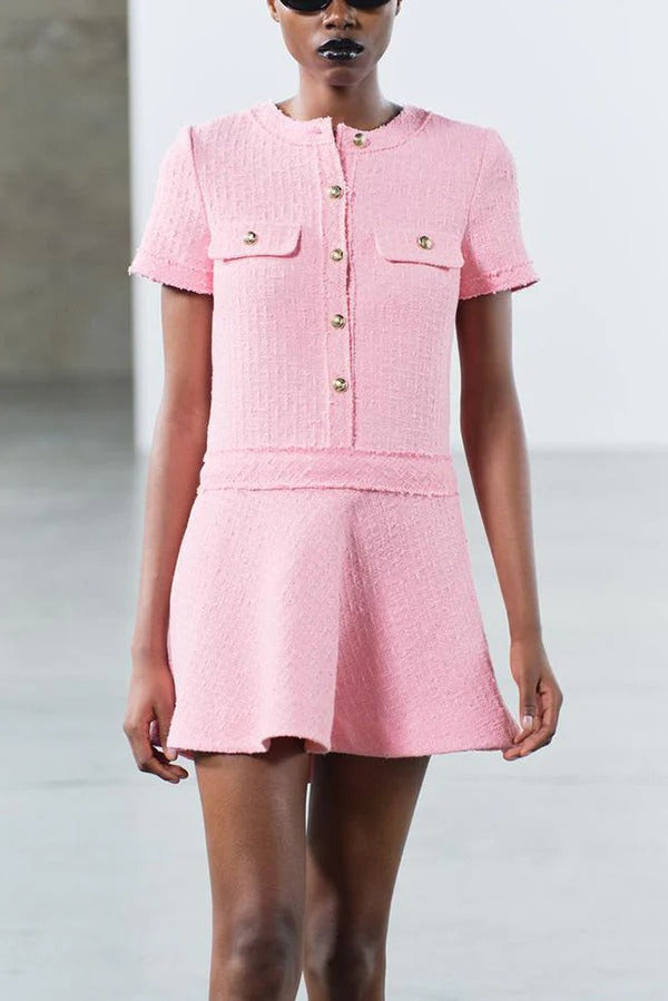 LM | 1960s London Girl tweed textured gold button short sleeve pocketed mini dress