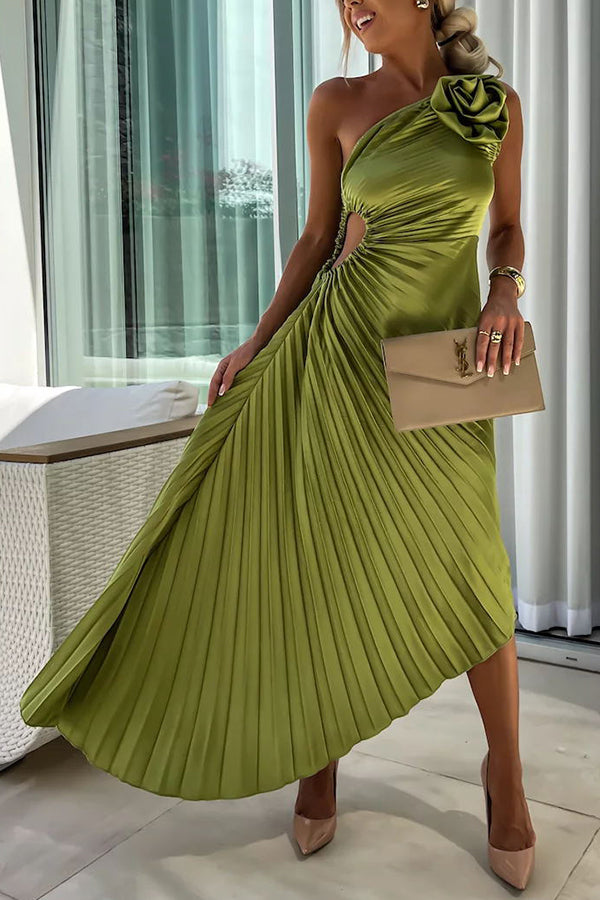 LM | Romantic Nights Satin Raised Flower Elastic Neckline One Shoulder Pleated Maxi Dress