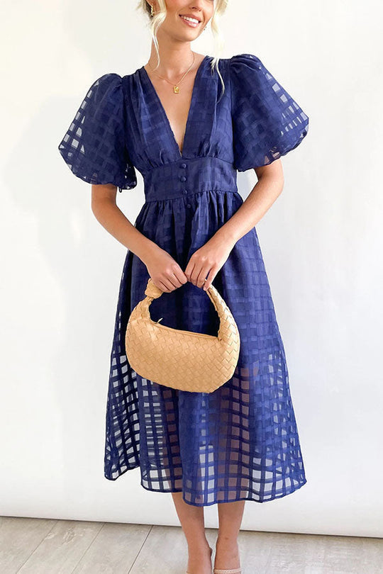 LM | Remarkable Beauty Square Patterned Fabric Puff Sleeve Party Midi Dress