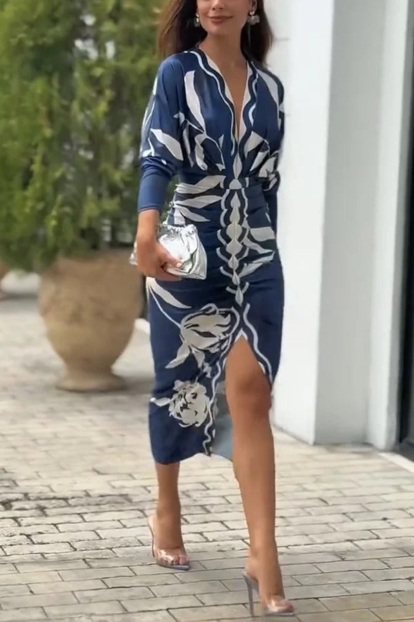 LM | Caliana Unique Print Dolman Long Sleeve Ruffled Slit Midi Dress