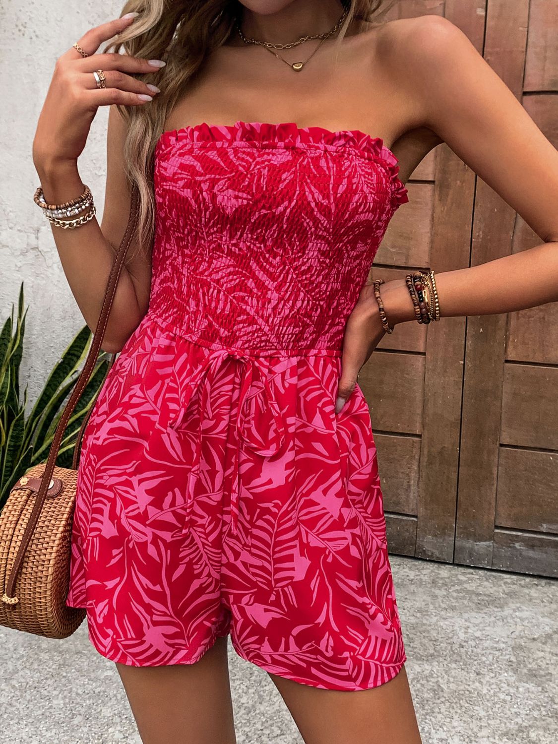LM | Smocked printed tube romper with pockets