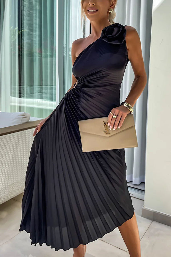 LM | Romantic Nights Satin Raised Flower Elastic Neckline One Shoulder Pleated Maxi Dress