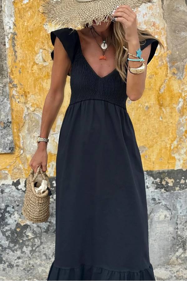 LM | Black V-neck Flutter sleeves Smocked top High waist Ruched maxi dress