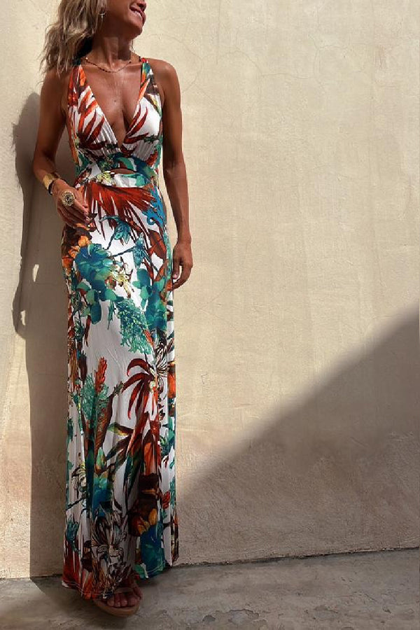 LM | RAINFOREST PARADISE TROPICAL PRINT NECKLINE BACK CROSSOVER STRETCH MAXI DRESS