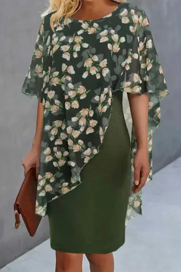 LM | Chiffon Floral Print Round Neck Casual Mini Dress