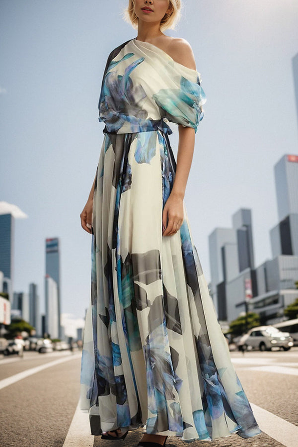 LM | Unique printed bohemian short-sleeved maxi dress with one shoulder section
