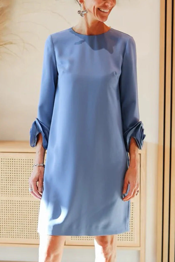 LM | Meina flower decorated cuffs round neck pocket casual mini dress
