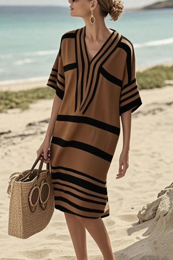 LM | Fashion Striped print V-neck Loose midi dress for vacation