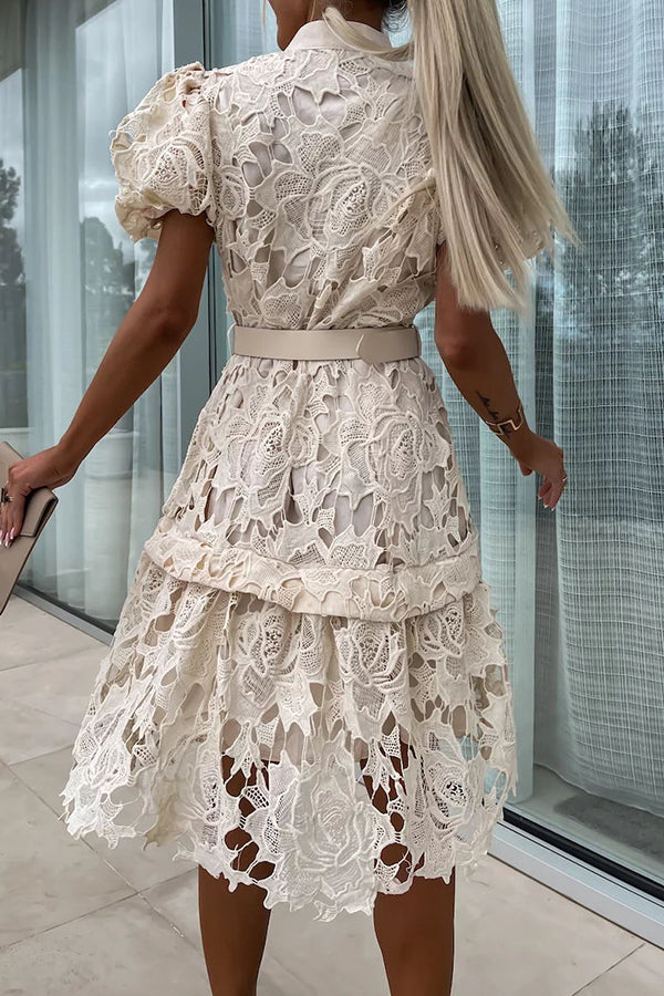 LM | Absolutely Elegant Floral Crochet Lace Puff Sleeve Belted Shirt Midi Dress