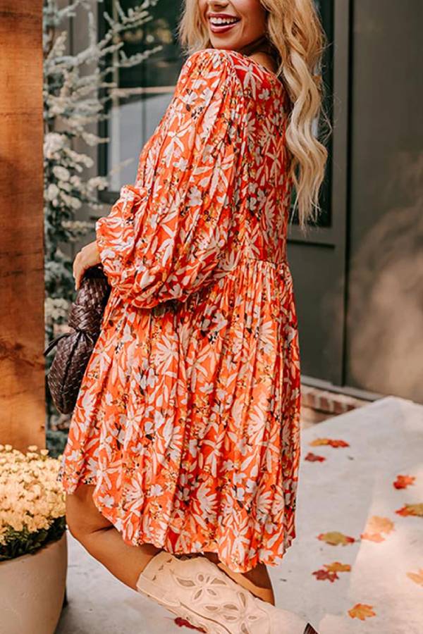 LM | Orange Floral Print Split V-Neck Bubble Sleeve Plus Size Midi Dress