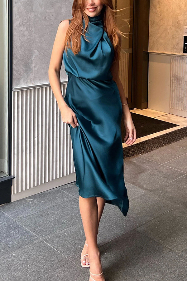 LM | Perfectly Yours High Neckline Elastic Waist Satin Drape Maxi Dress