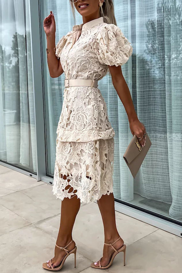 LM | Absolutely Elegant Floral Crochet Lace Puff Sleeve Belted Shirt Midi Dress