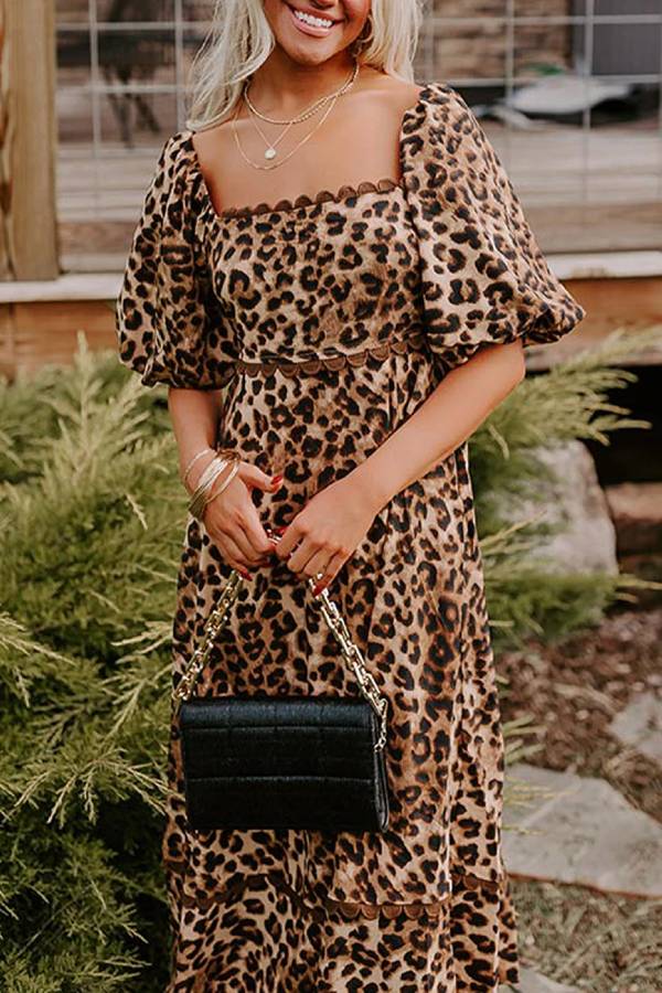 LM | Brown Leopard Print Puff Sleeve Ricrac Maxi Dress