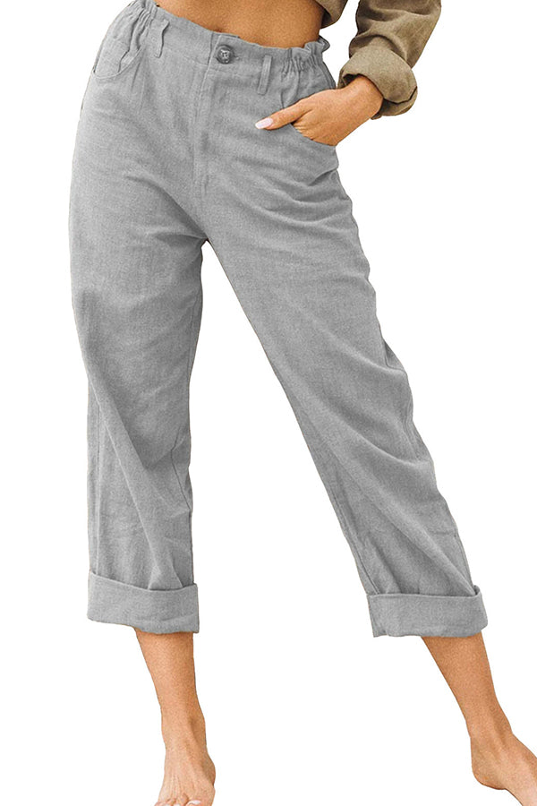 LM | Solid color cotton and linen fashionable loose high waist casual pants