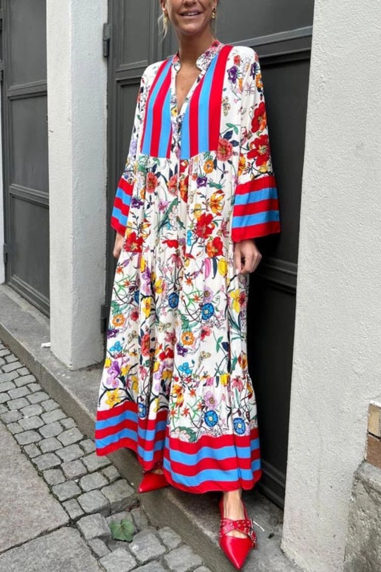 LM | Resort Floral Print Bell Sleeve Maxi Dress