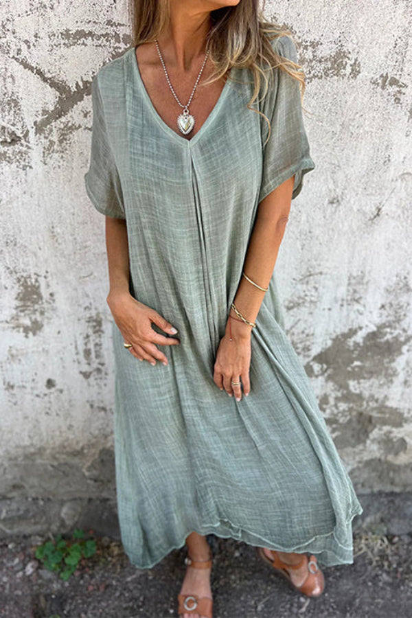 LM | V-neck loose fit cotton linen midi dress