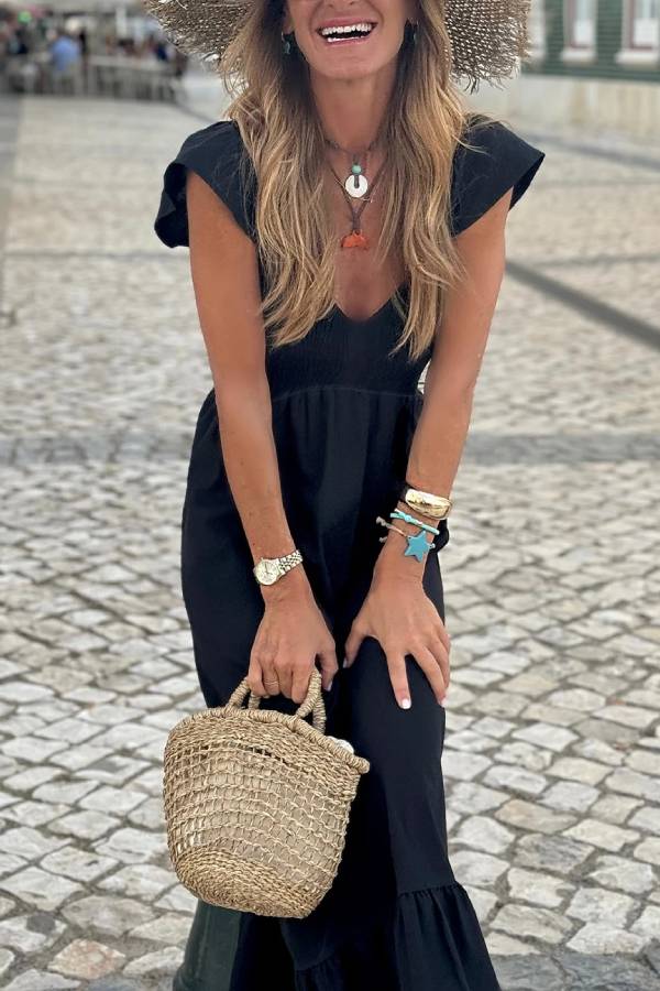 LM | Black V-neck Flutter sleeves Smocked top High waist Ruched maxi dress