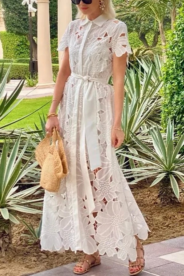 LM | Dubai Style Floral Crochet Lace Short Sleeve Tie-up Shirt Maxi Dress