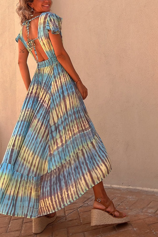 LM | Lorina Tie-dye Print Button Smocked Waist Backless Midi Dress