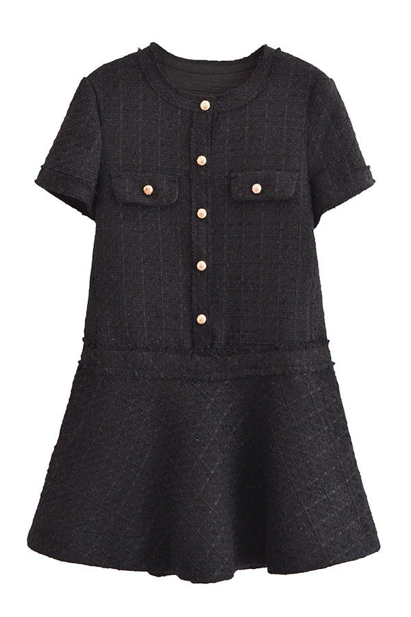 LM | 1960s London Girl tweed textured gold button short sleeve pocketed mini dress