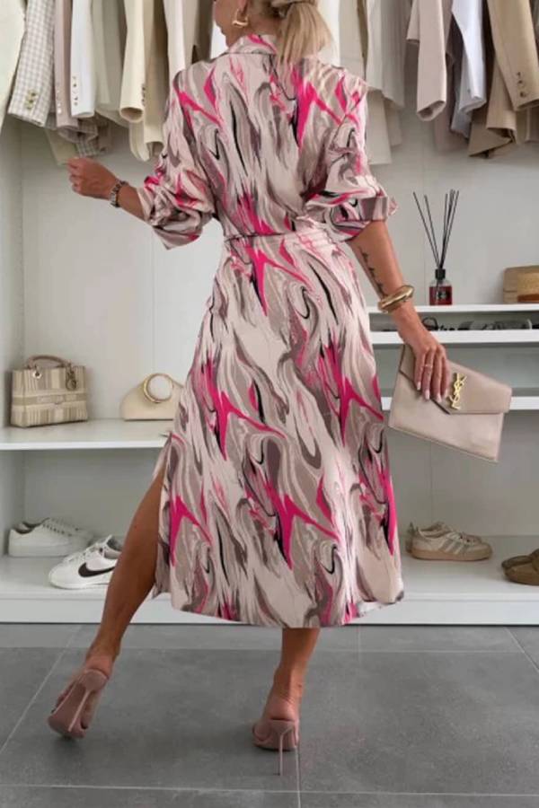 LM | Elegant Ease Satin Printed Midi Dress with Waist
