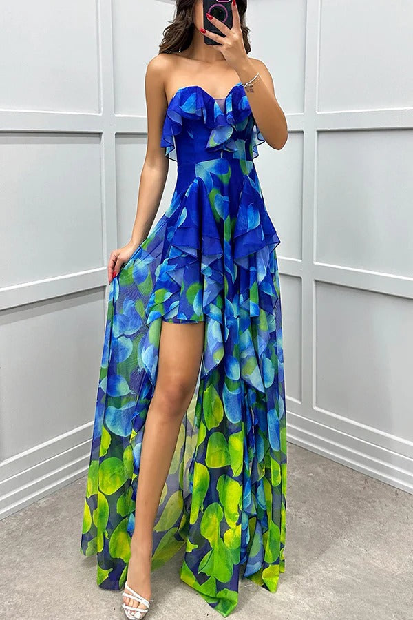 LM | Loving Moment Gradient Unique Print Flowing Layered Ruched Strapless Slit Maxi Dress