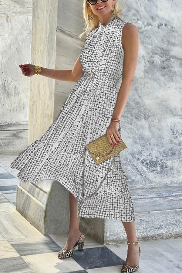 LM | Unique print lapel sleeveless fitted midi dress