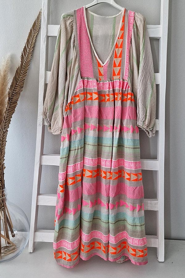 LM | Pink striped midi dress with Greek key and orange necklace