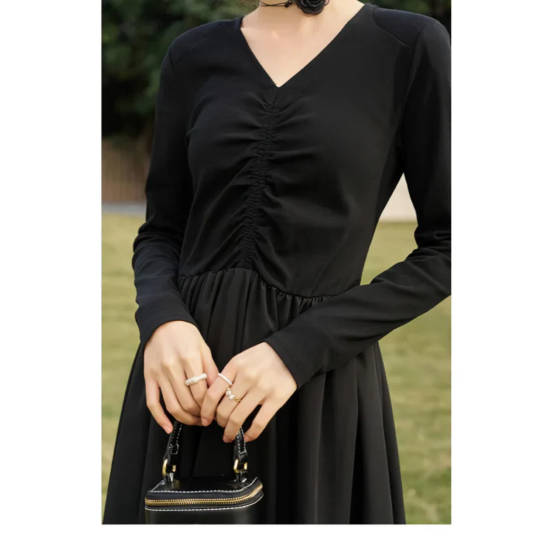 LM | Elegant Black Knitted Smocked V-Neck A-Line Midi Dress