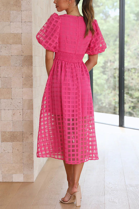 LM | Remarkable Beauty Square Patterned Fabric Puff Sleeve Party Midi Dress