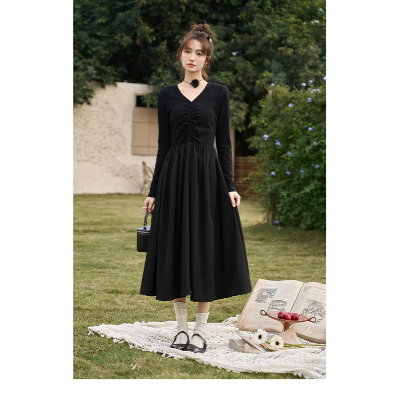 LM | Elegant Black Knitted Smocked V-Neck A-Line Midi Dress