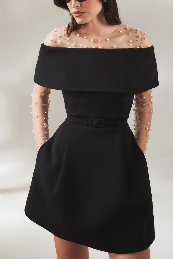 LM | Elegant Evening Lapel Bandeau Detachable Belt Pocketed Mini Dress