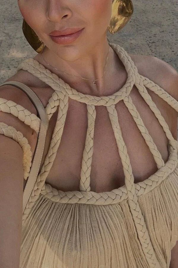 LM | Modern and sophisticated linen blend draped braids cover up maxi dress