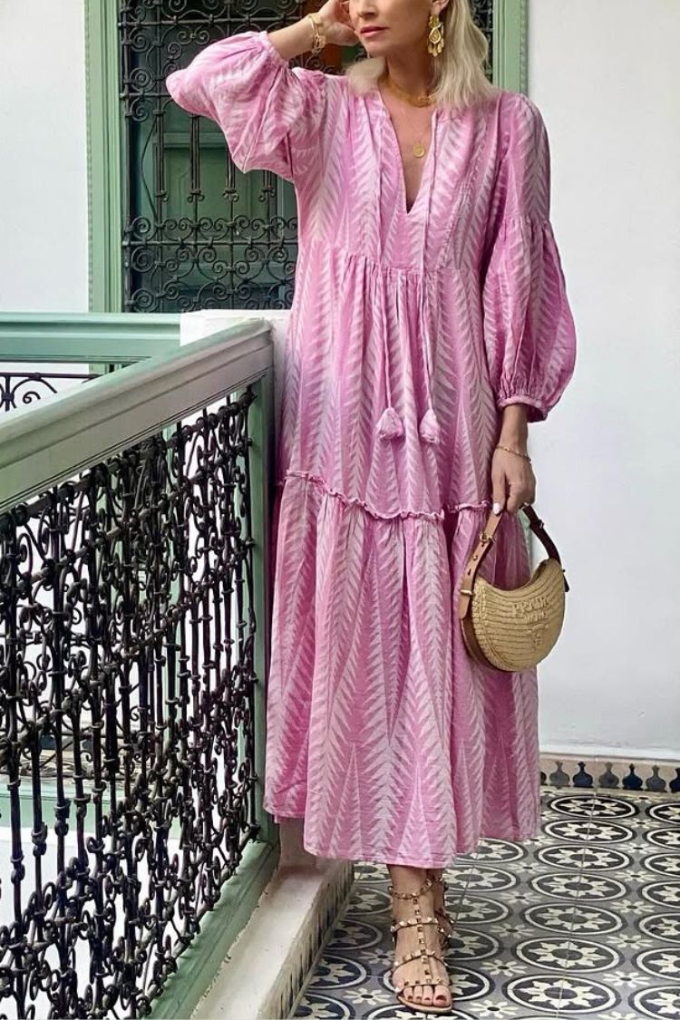 LM | Marrakech Stories Linen blend printed midi dress with balloon sleeves and A-line pockets