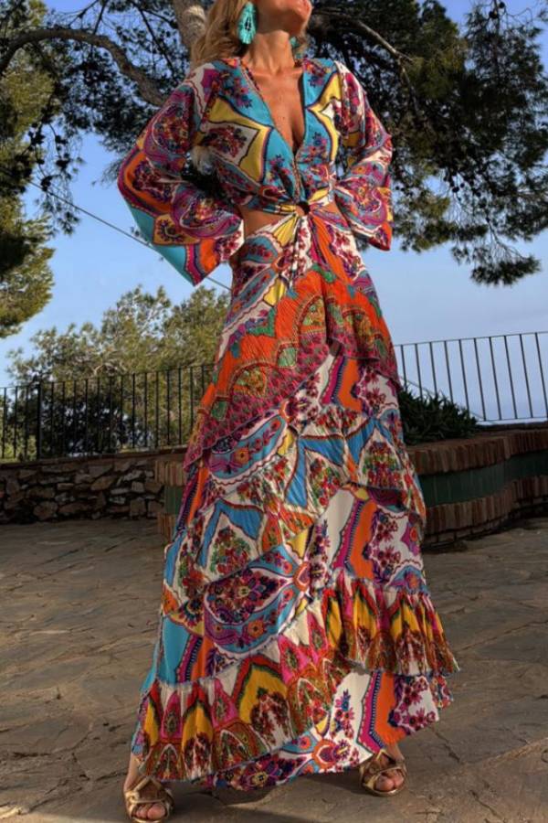 LM | Colorful Day Unique Print Bell Sleeve Neckline Waist Layered Maxi Dress