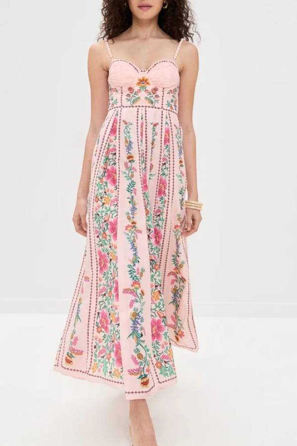 LM | Delicate Forest Unique Print Sweetheart Neck Beaded Straps Maxi Dress