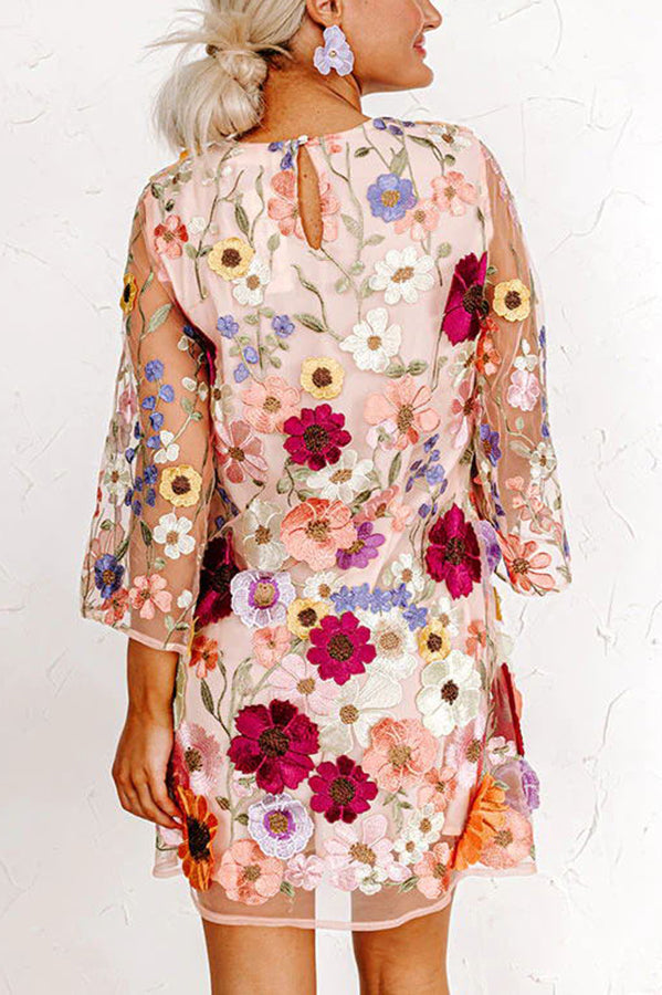 LM | Dahlia Dreaming Embroidered Floral Appliqué Half Sleeve Mini Dress