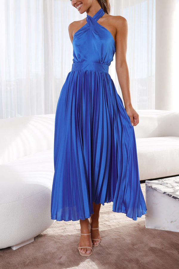 LM | Beaming Smile satin halterneck pleated midi dress