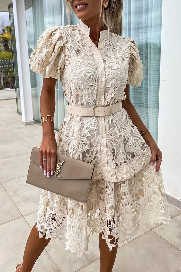 LM | Absolutely Elegant Floral Crochet Lace Puff Sleeve Belted Shirt Midi Dress