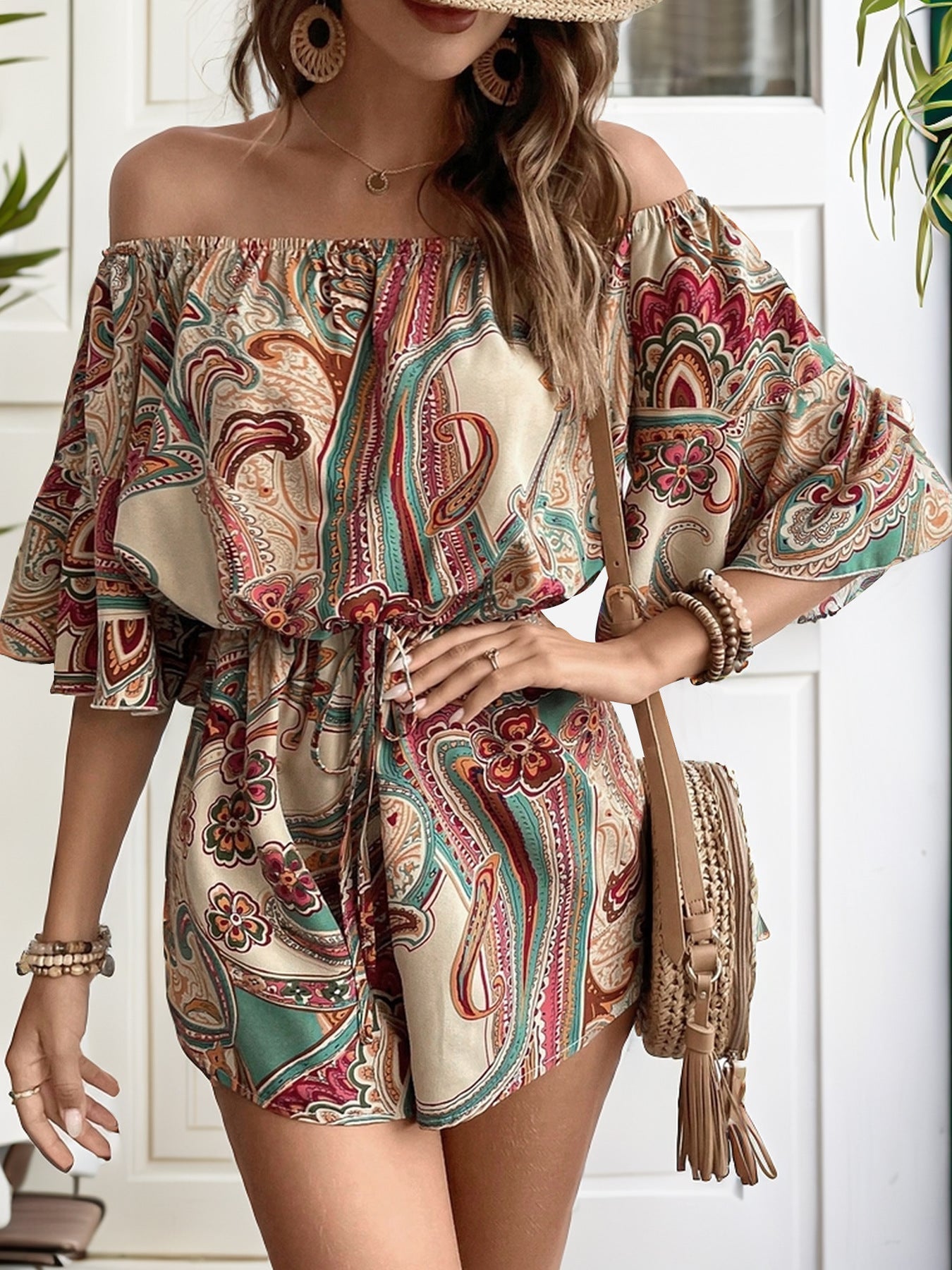 LM | Printed off-the-shoulder romper with half sleeves
