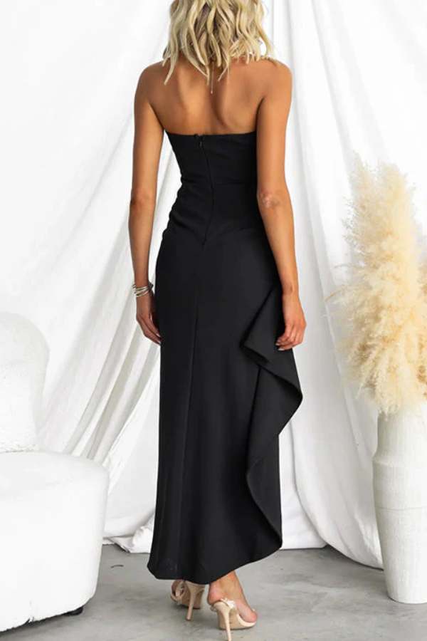 LM | Elegant strapless maxi dress with ruffles and slit
