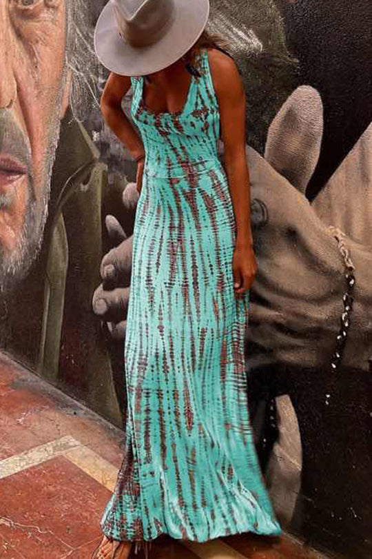 LM | Modern Day Tie-dye Print Back Lace-up Stretch Maxi Dress