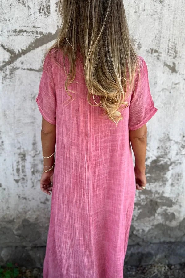 LM | Bayside Bliss linen blend short sleeve pleated loose midi dress
