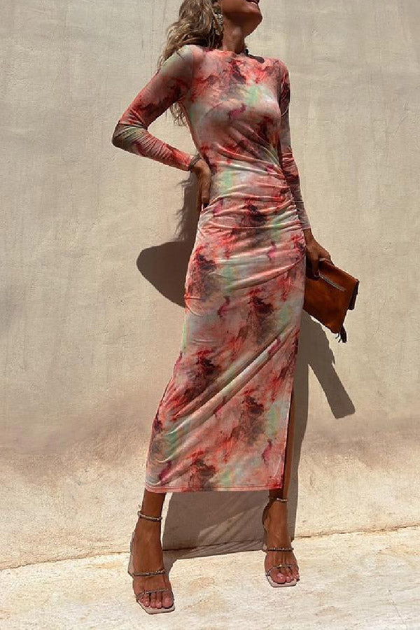 LM | Charm Lady Mesh Overlay Tie Dye Print Long Sleeve Ruffled Stretch Midi Dress