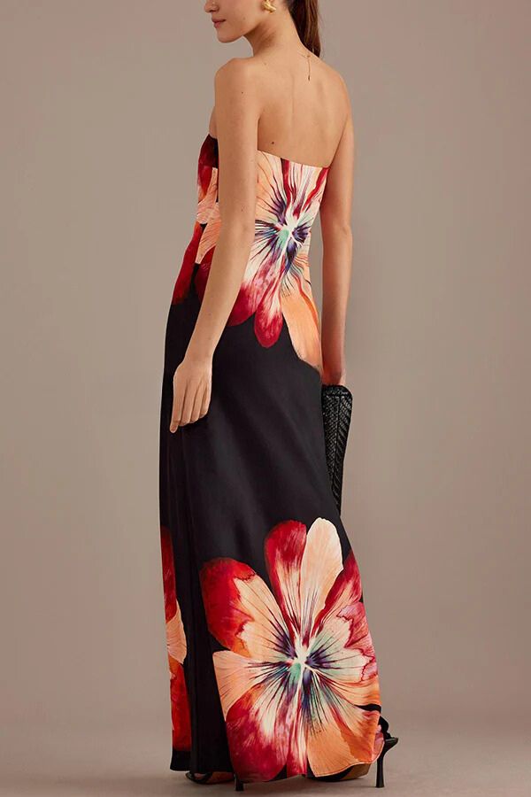 LM | Charming Lady Satin Floral Print Bandeau Loose Maxi Dress